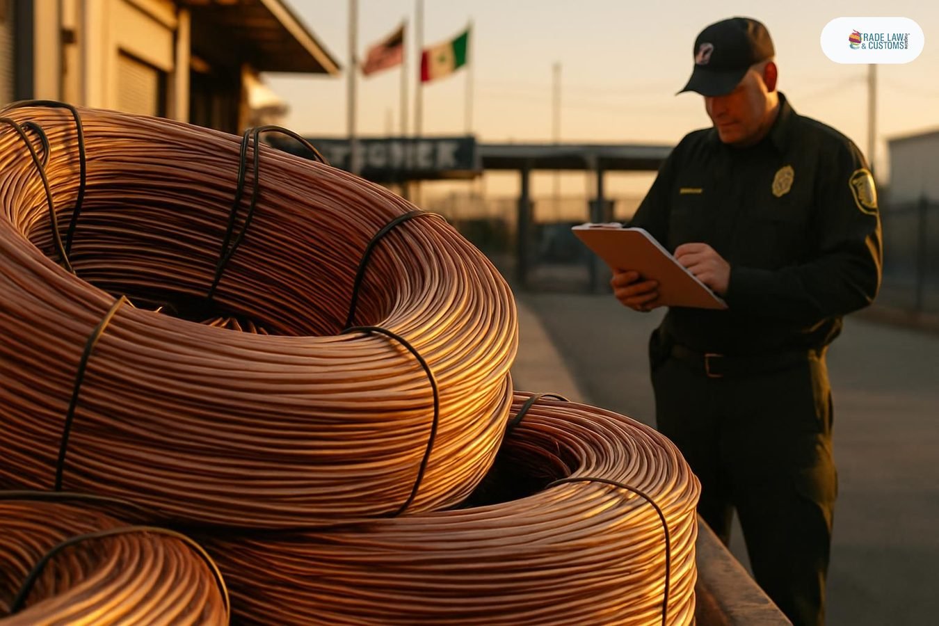 Rollos de alambre de cobre en muelle aduanero de la frontera México-EE.UU., agente revisando documentación.