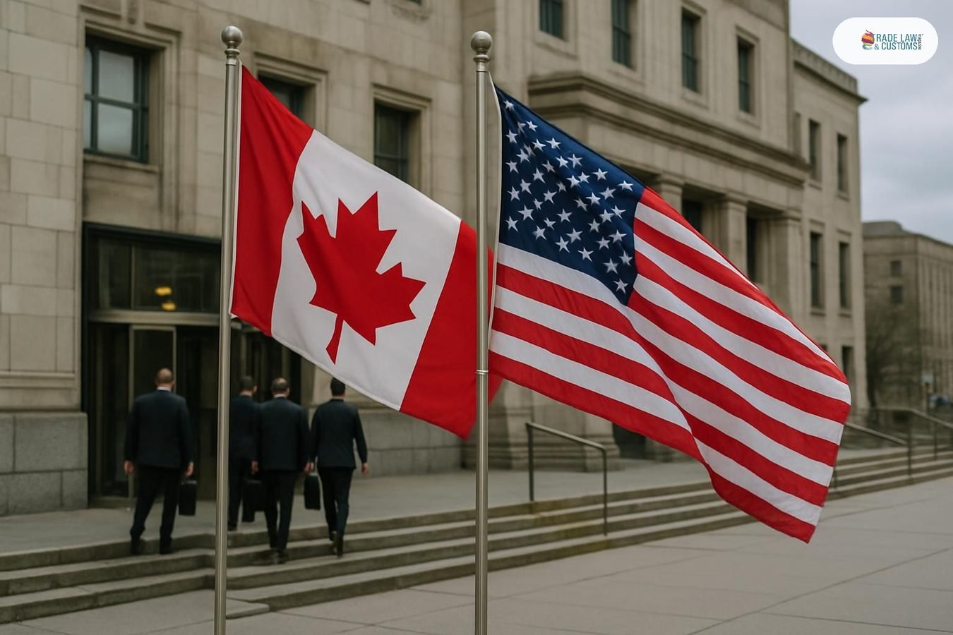 Banderas de Canadá y EE.UU. frente a edificio gubernamental en Ottawa durante reunión de comité asesor comercial.