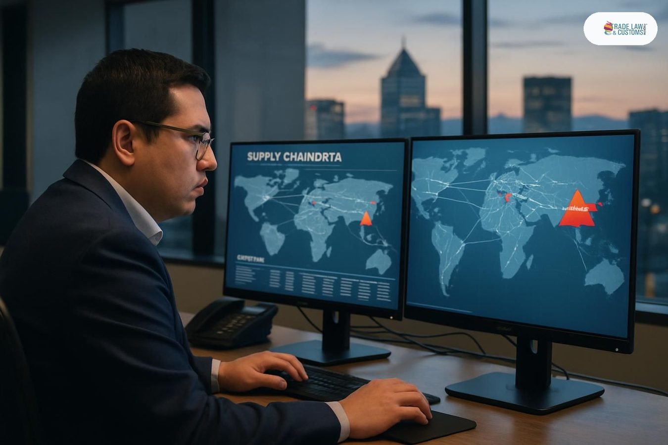 Analista de cumplimiento comercial revisa mapa global de cadena de suministro con alerta sobre proveedor chino en pantalla.