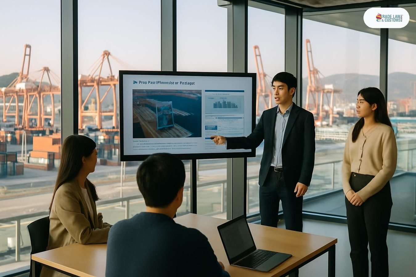 Equipo de startup presenta software de monitoreo de grúas portuarias con IA en hub de innovación del Puerto de Busan, Corea del Sur.