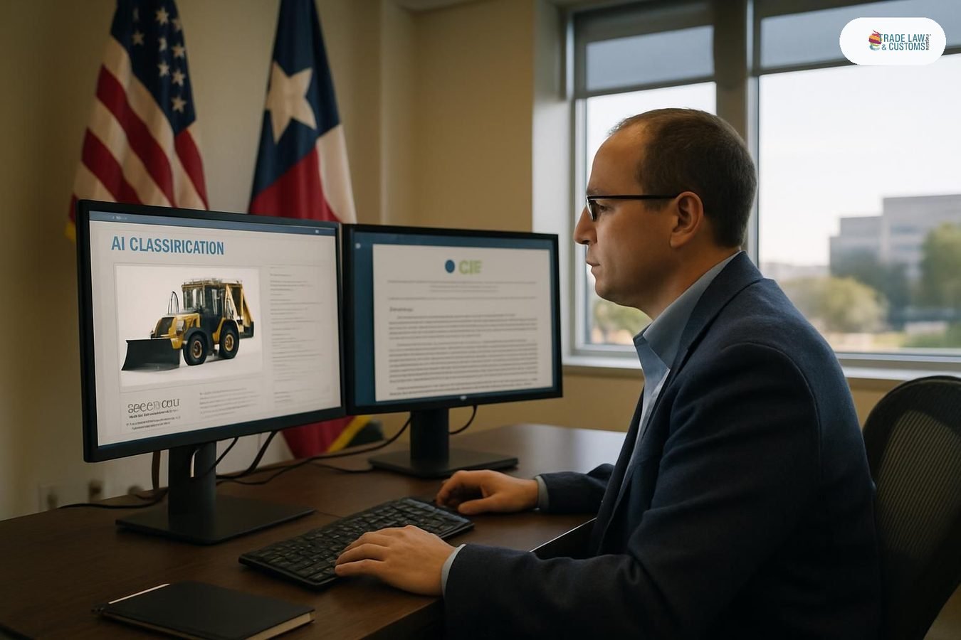 Agente aduanal revisa clasificación arancelaria asistida por IA en pantalla dual en oficina de cumplimiento de comercio exterior.