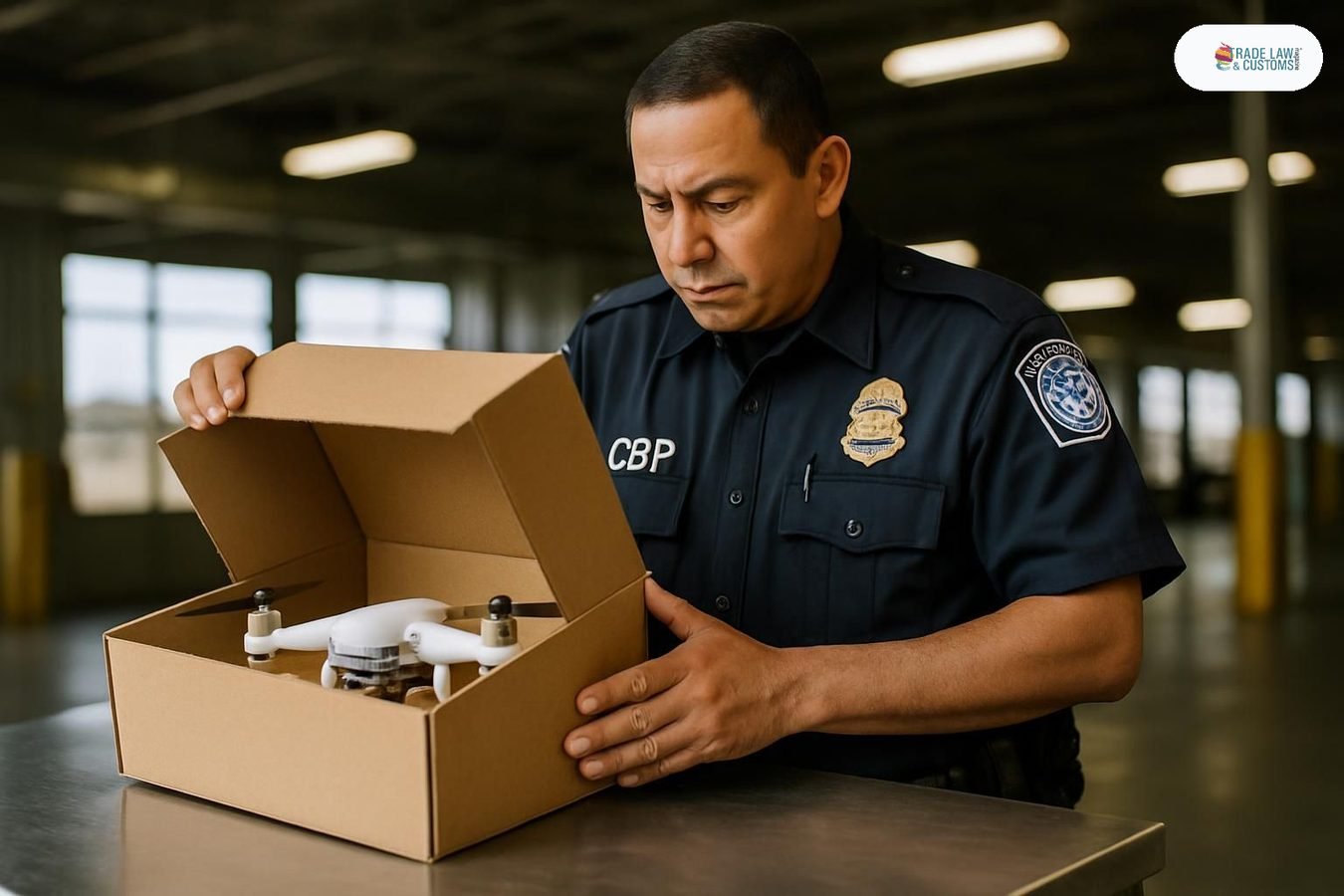 Inspector aduanal de CBP revisa empaque de dron importado en puente internacional de Laredo.