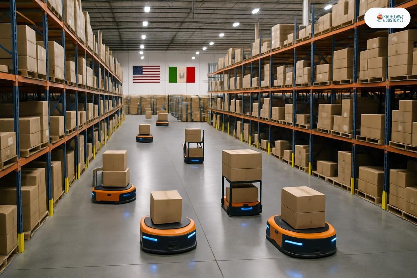 Flota de robots móviles autónomos en centro de distribución logístico cerca de la frontera México-EE.UU.