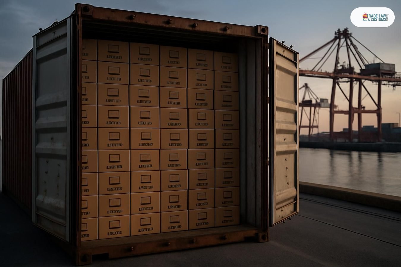 Contenedor repleto de cajas de laptops en terminal portuaria sin señalización de mercancías peligrosas.