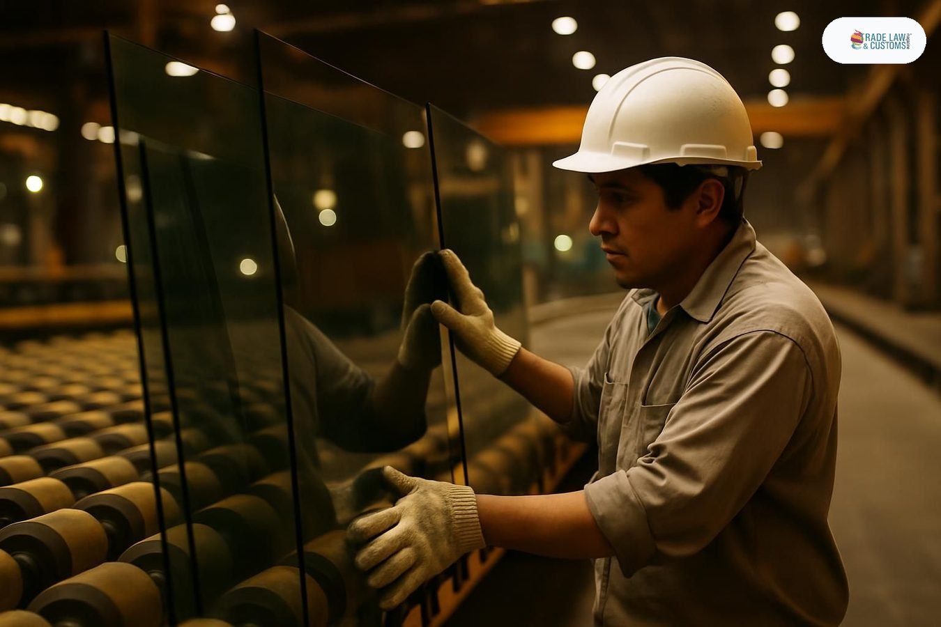 Trabajador inspeccionando paneles de vidrio flotado de color en planta manufacturera mexicana.