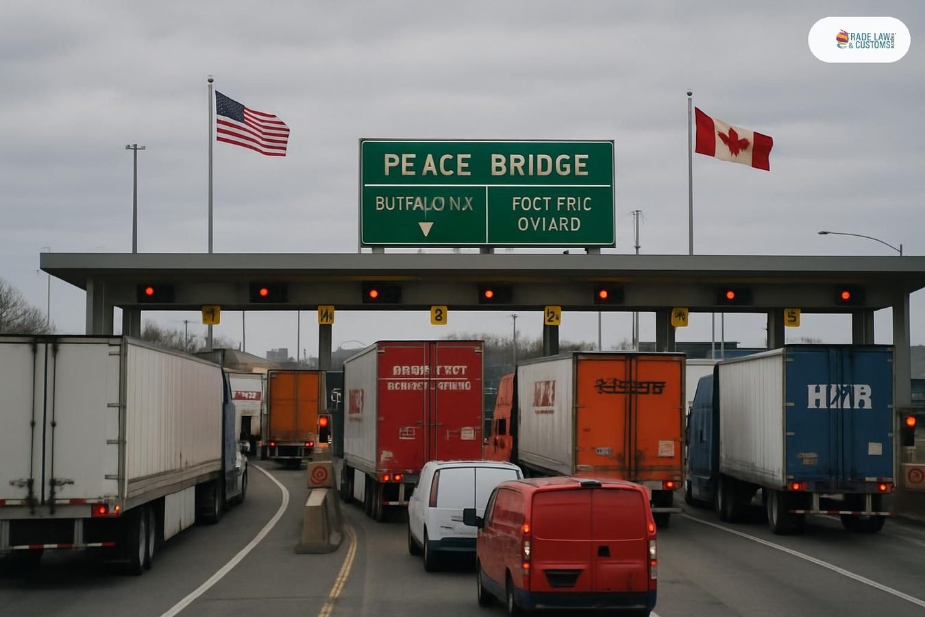 Camiones comerciales en fila en el cruce fronterizo entre EE.UU. y Canadá en el Puente de la Paz.