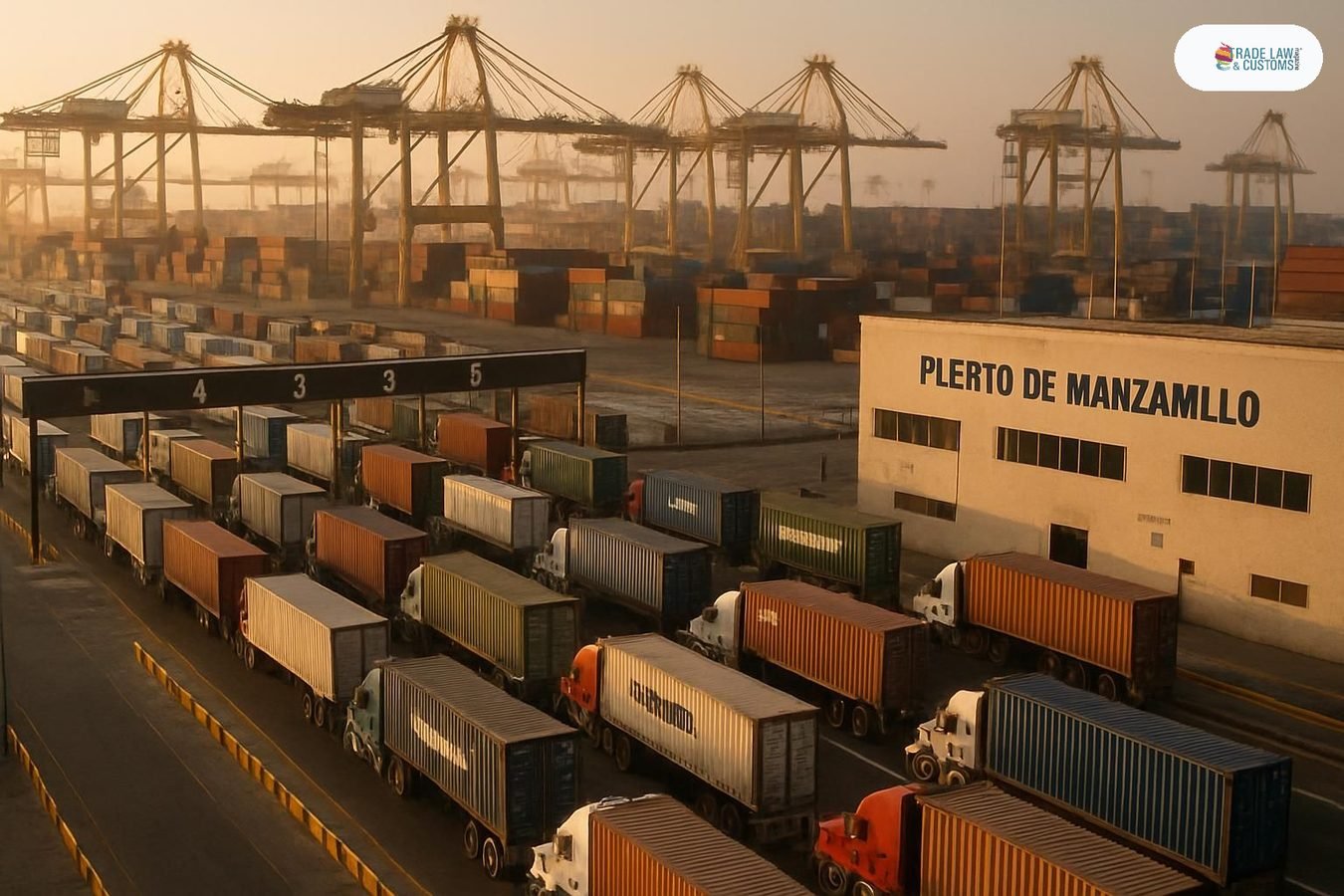 Vista aérea de terminal de contenedores con filas de camiones en acceso y grúas automatizadas al fondo.