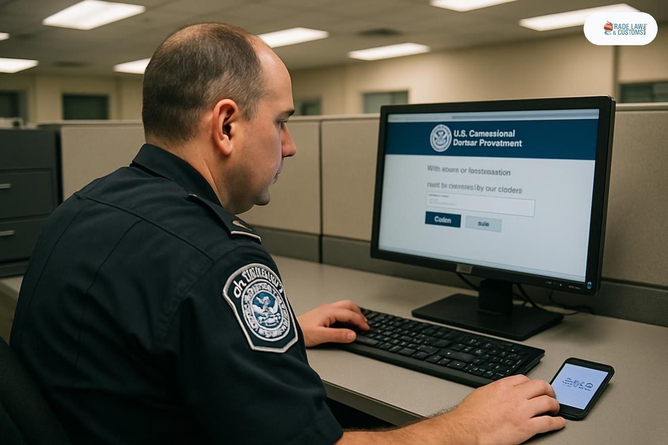 Oficial de CBP ingresa al Portal ACE con autenticación de dos factores vía SMS en un puerto de entrada de EE.UU.