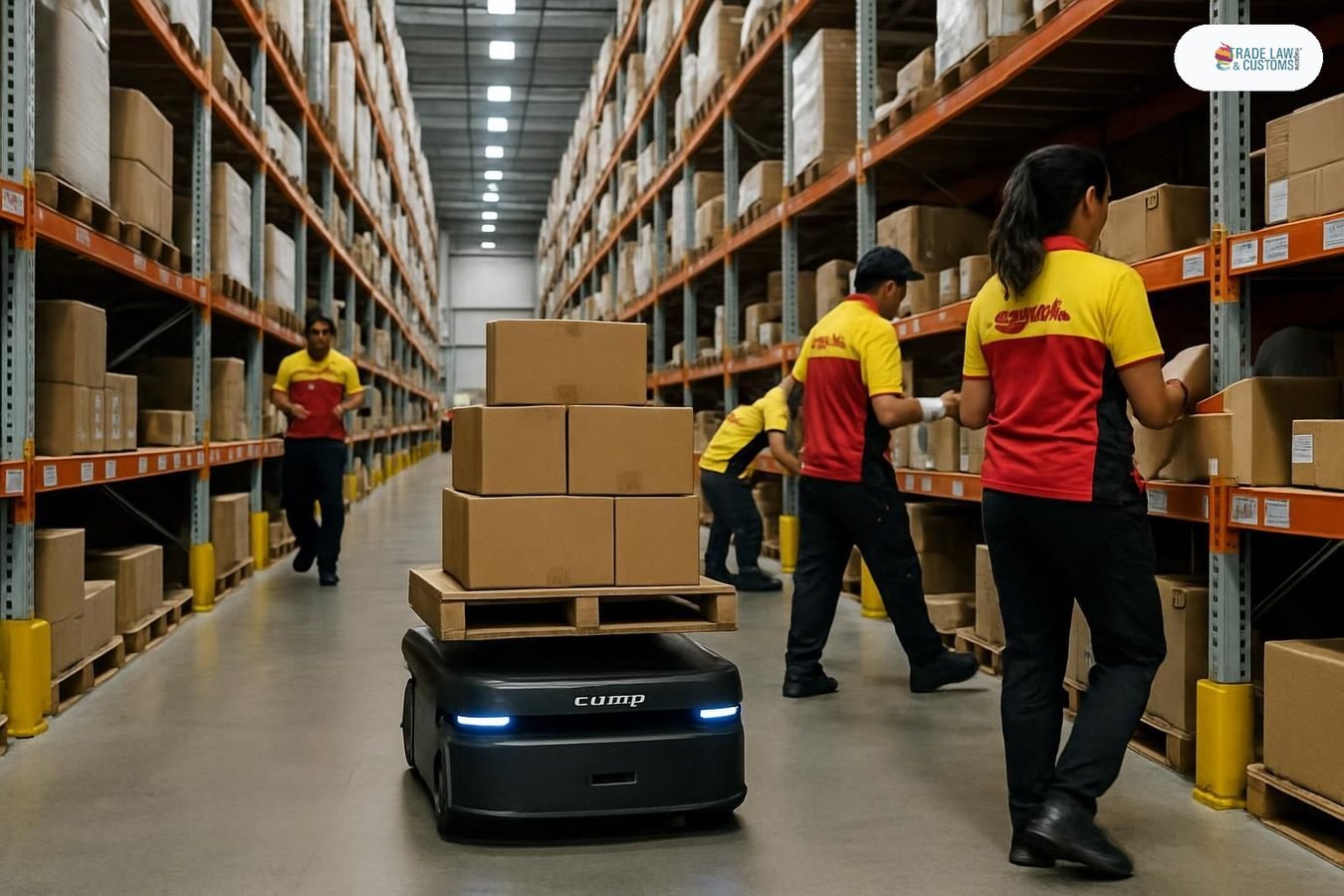 Robot Carter de Robust.AI transporta cajas en un almacén de DHL Supply Chain en México junto a trabajadores humanos.