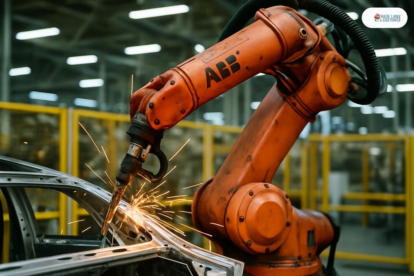 Brazo robótico ABB en operación en planta de manufactura automotriz, cuya división cambia de propietario a SoftBank en 2026.