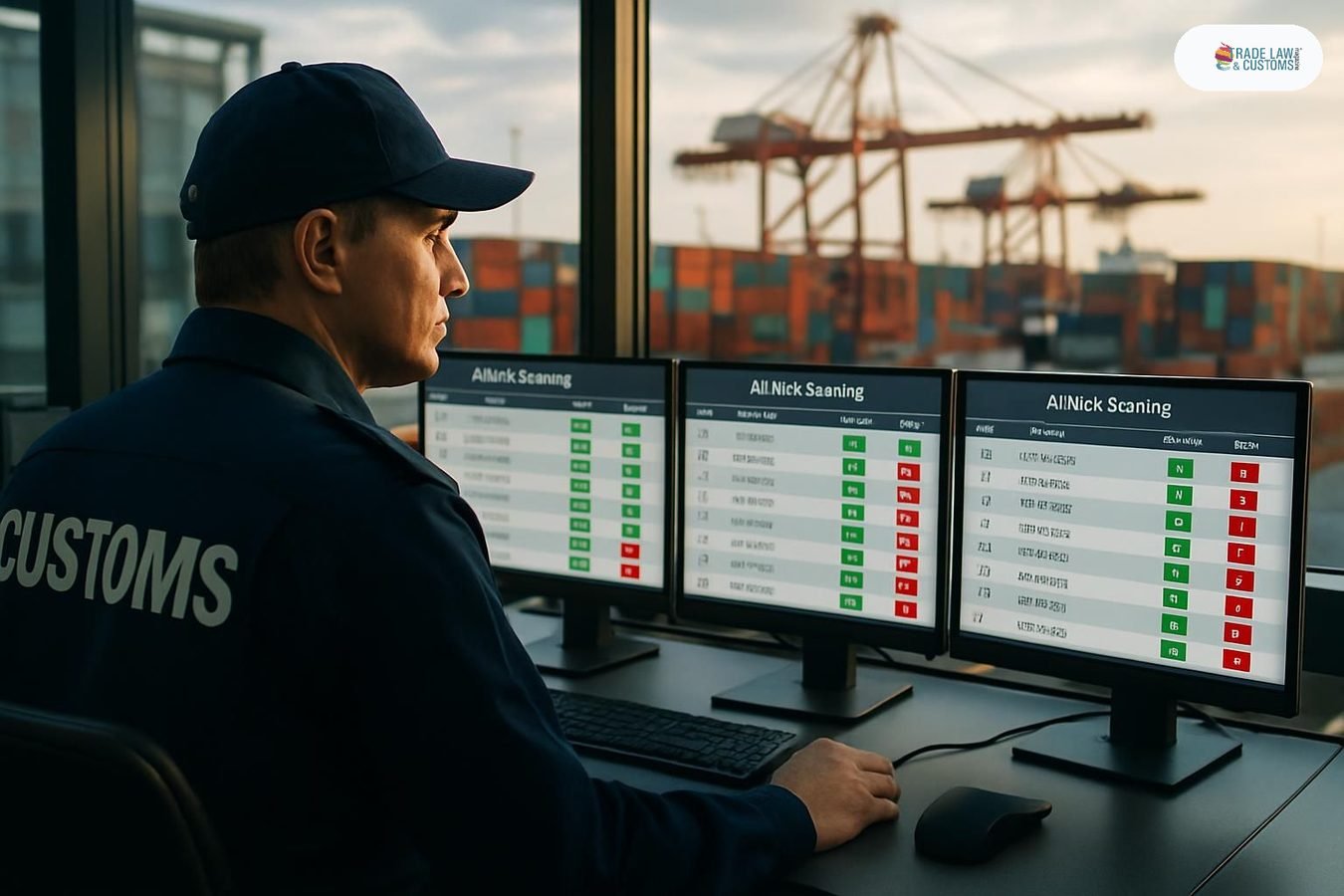 Funcionario aduanal trabajando con paneles de IA agéntica para análisis de riesgo en terminal de carga internacional.