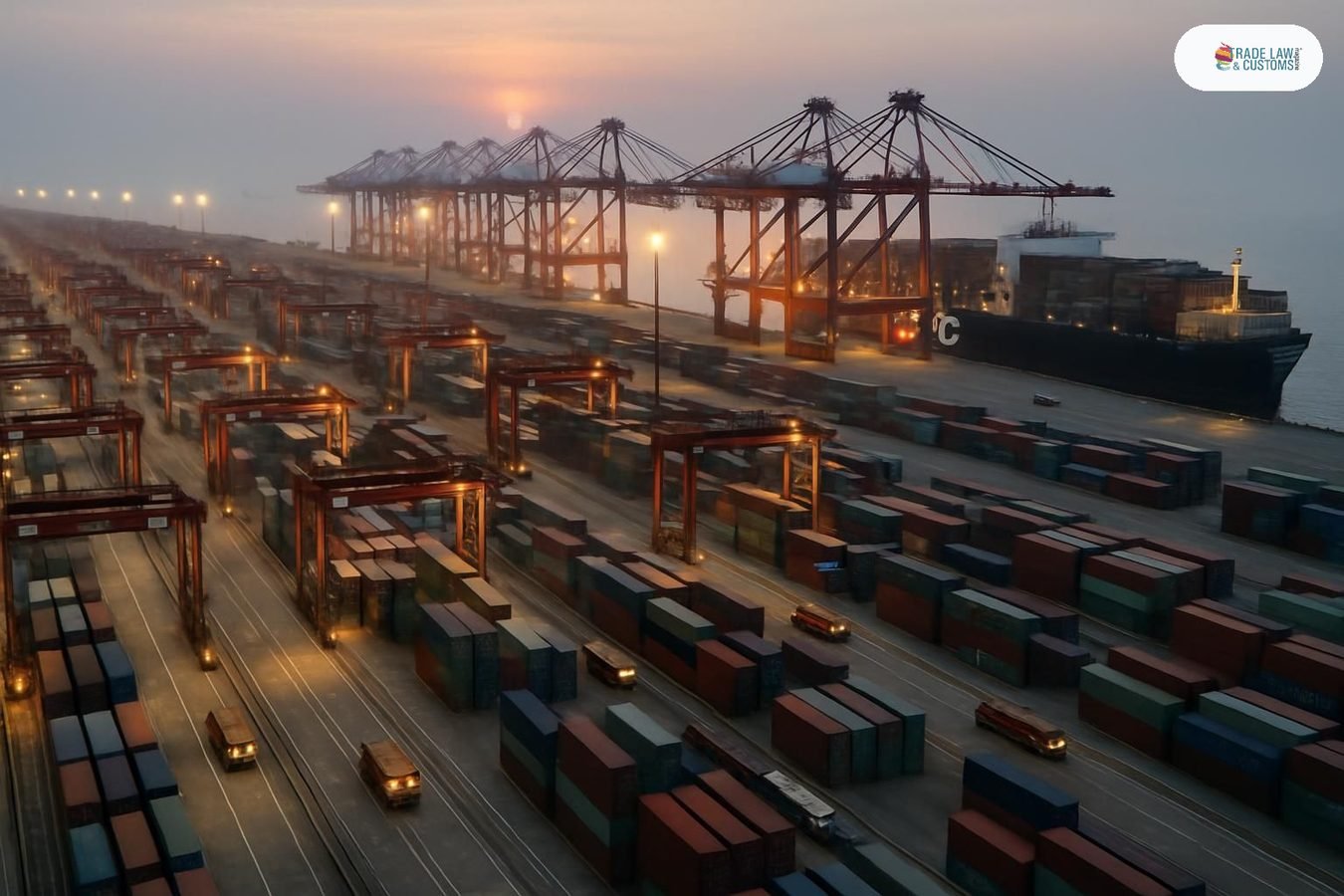 Vista aérea de las grúas automatizadas y vehículos guiados en el Puerto de Yangshan, Shanghái, que redujeron 14% el tiempo de permanencia de buques en 2026.