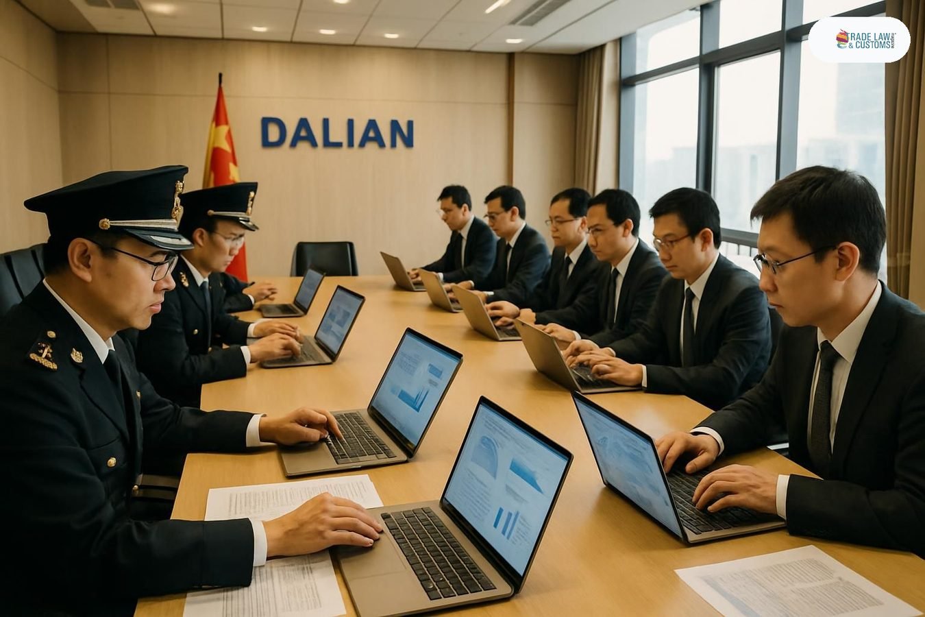 Delegados de la APEC revisan documentos digitales en el Diálogo Aduanas-Empresas de Dalian, septiembre 2026.