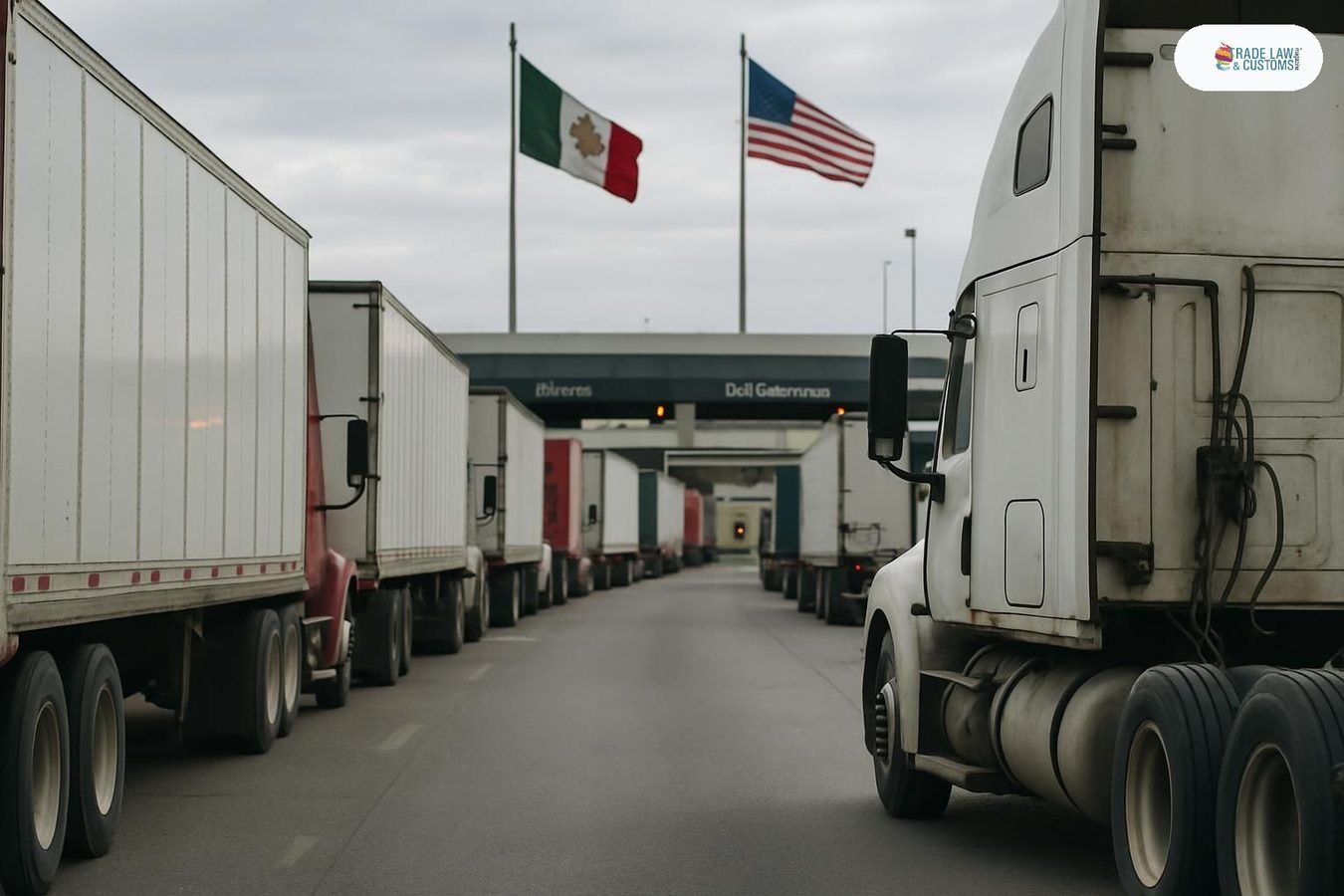 Camiones de carga en espera en el cruce fronterizo de Nuevo Laredo durante la falla del sistema DODA de septiembre 2026.