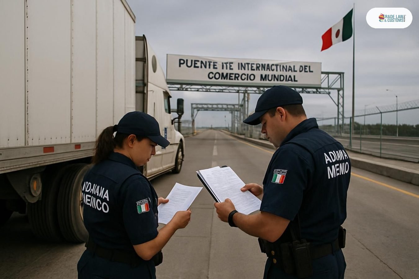 Inspectores aduanales mexicanos revisando documentación de carga en el Puente del Comercio Mundial de Nuevo Laredo.