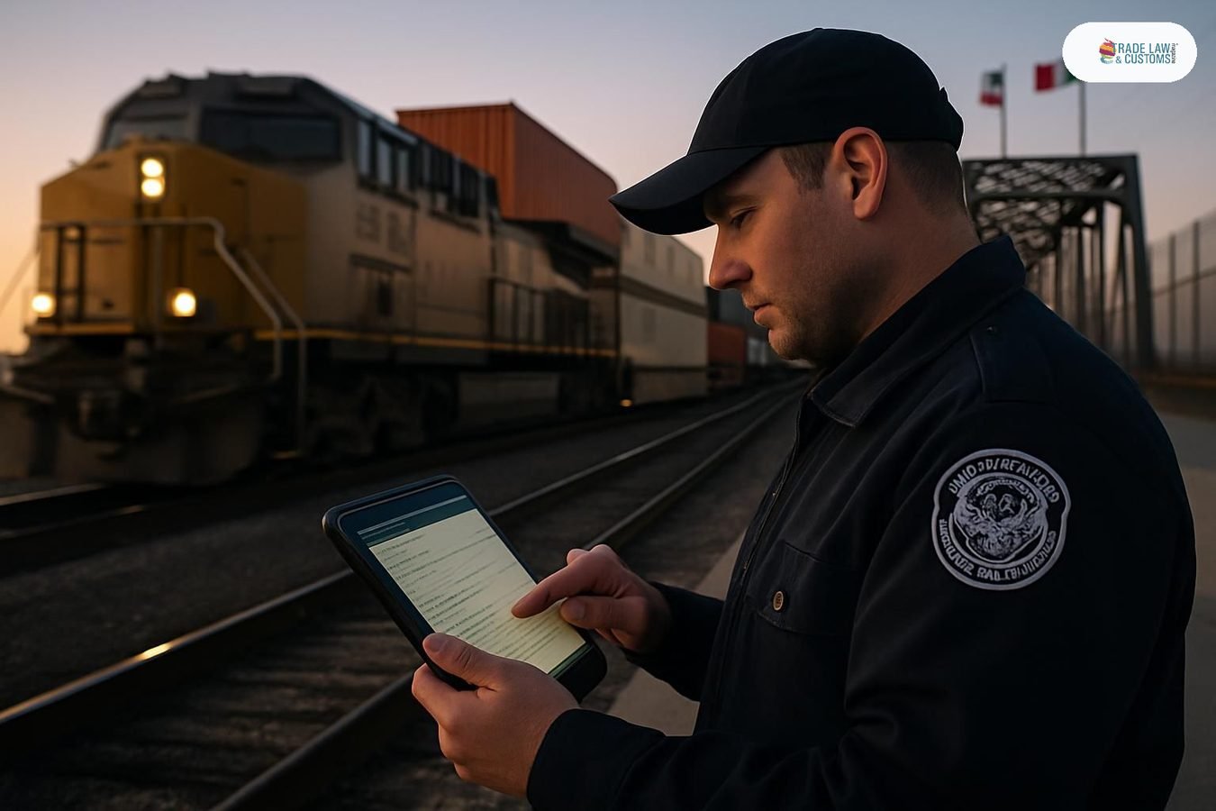 Agente de CBP revisa manifiesto electrónico ferroviario en cruce fronterizo México-Estados Unidos al amanecer.