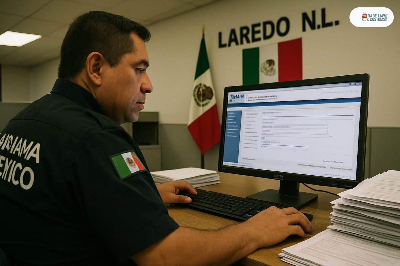 Agente aduanal mexicano revisa el Sistema Electrónico Aduanero del SAT en oficina de aduana.