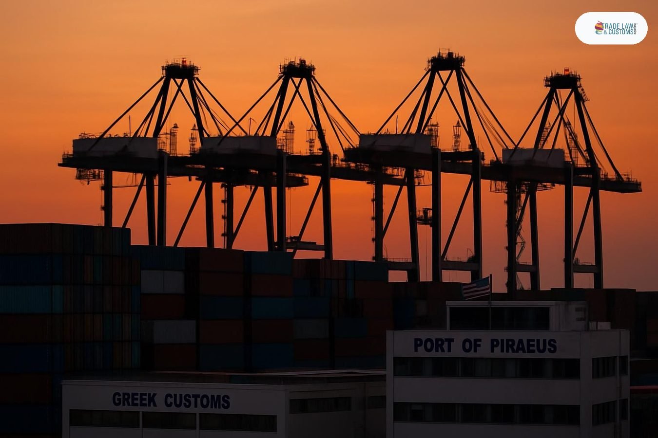Terminal de contenedores del Puerto del Pireo al atardecer con grúas pórtico y oficinas de autoridad portuaria