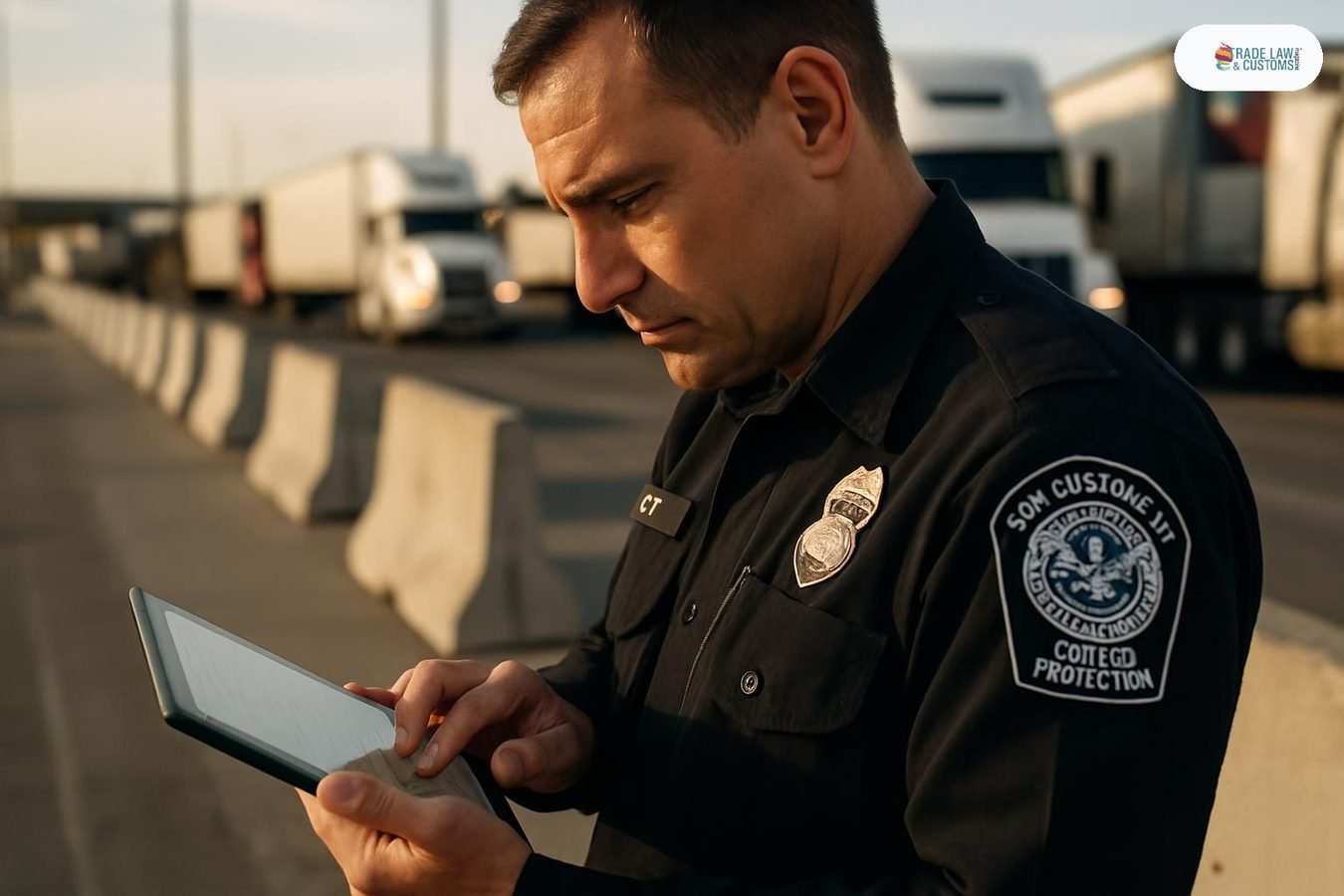 Oficial de CBP revisa documentos digitales en carril de inspección de vehículos comerciales en frontera Estados Unidos-México