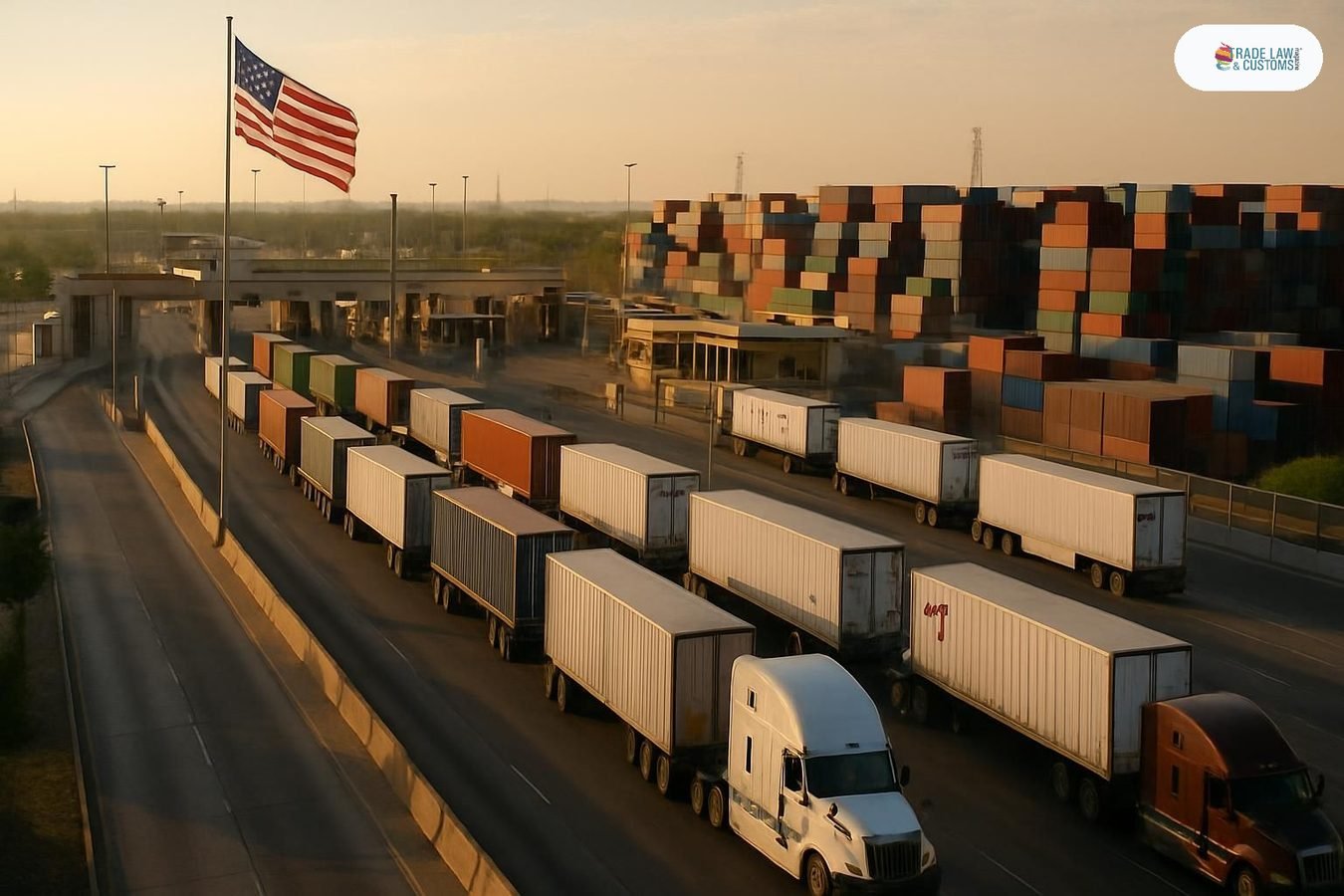 Vista aérea de camiones de carga en cruce comercial frontera México-Estados Unidos al amanecer