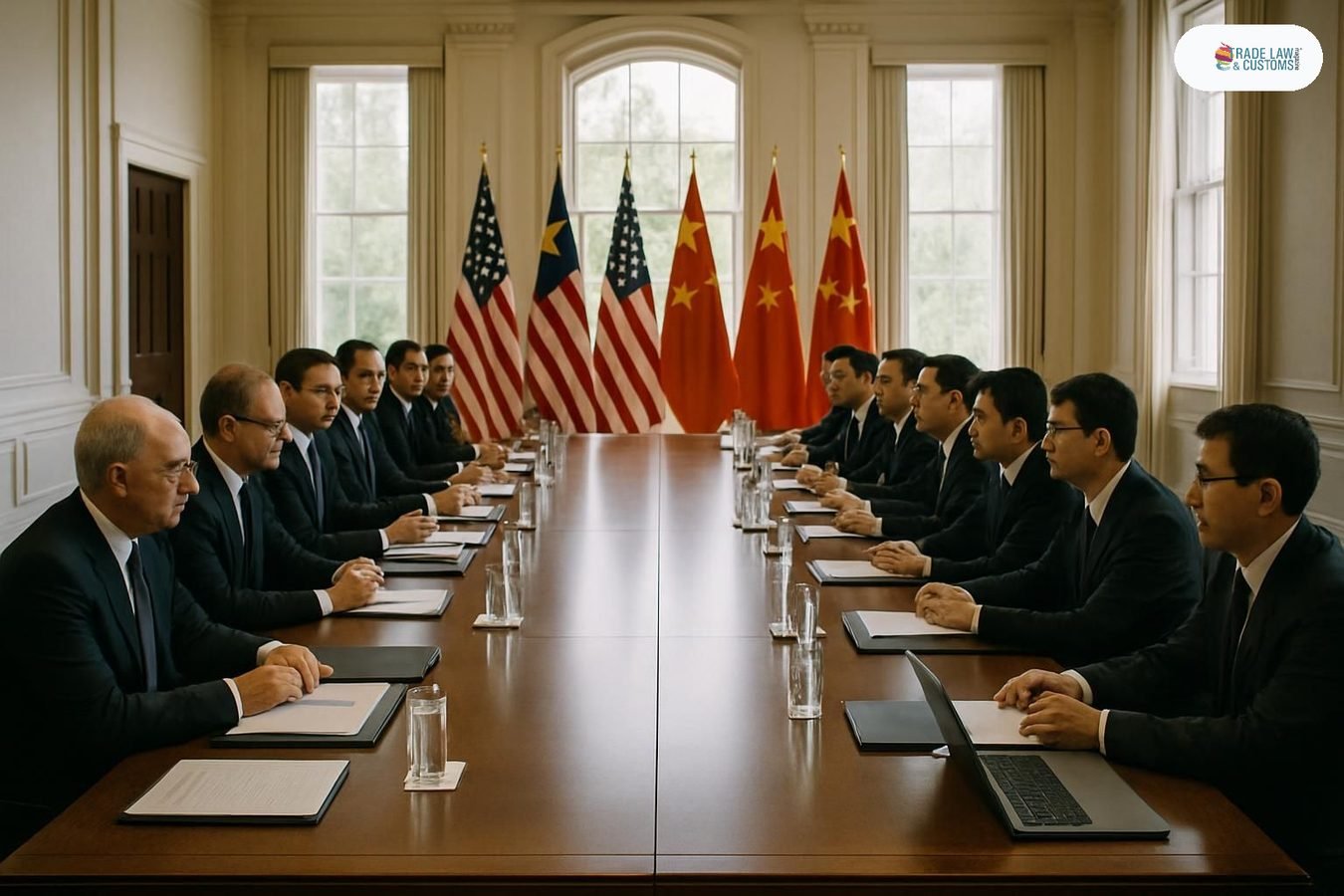 Sala de negociaciones bilaterales en Washington con dos delegaciones sentadas frente a frente durante ronda de revisión comercial