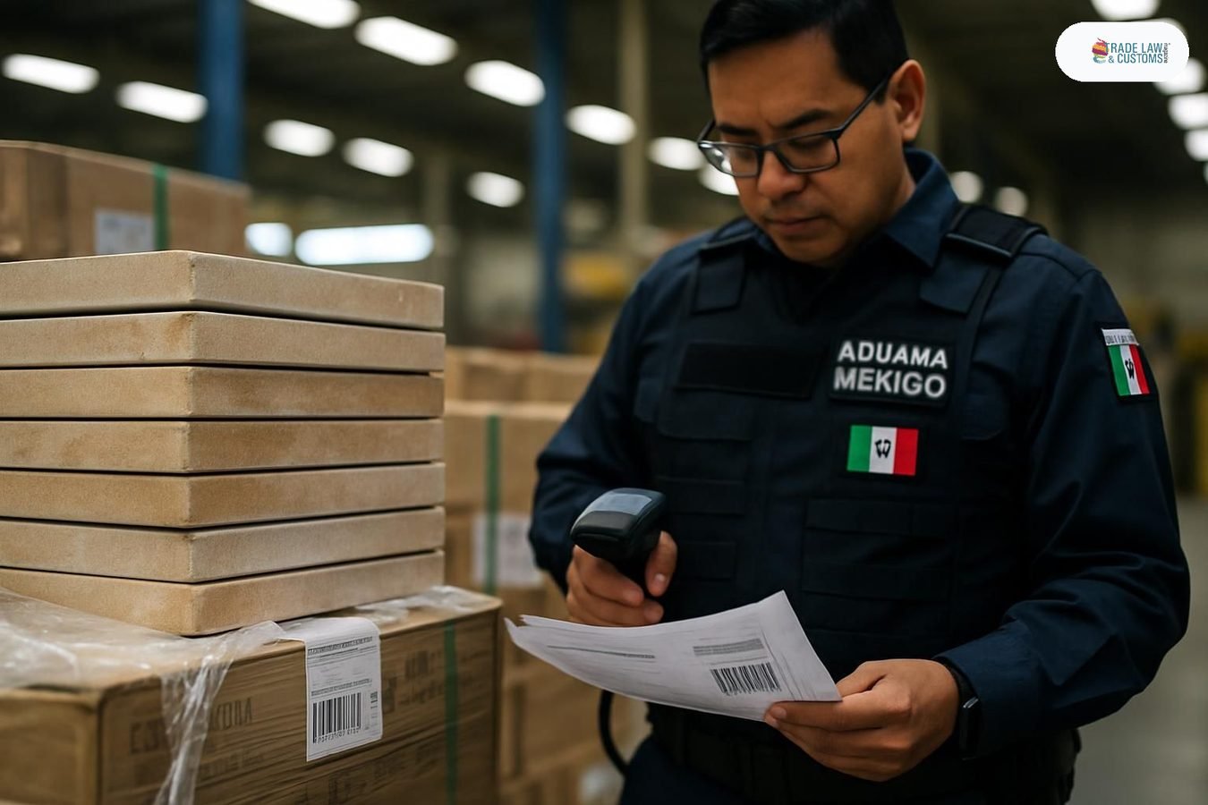 Inspector aduanal verifica etiquetas de cumplimiento NOM en cajas de smartphones importados en aduana de frontera norte de México.