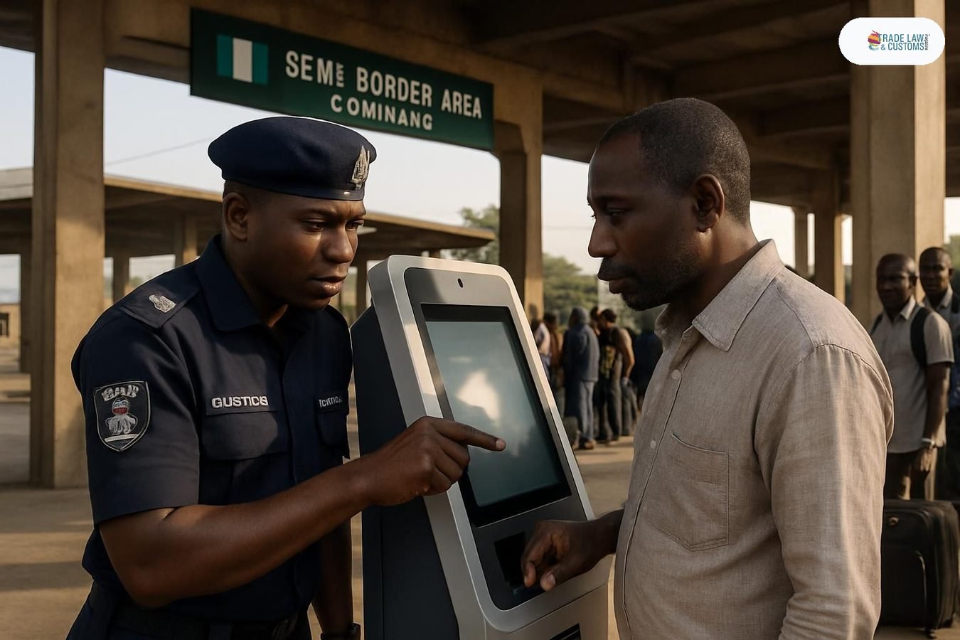 Oficial del Servicio de Aduanas de Nigeria asiste a viajero en kiosco digital de declaración de equipaje en la frontera de Seme.