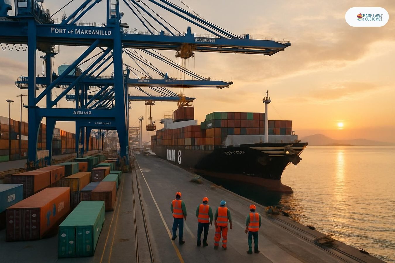 Terminal de contenedores del Puerto de Manzanillo al amanecer, con grúas operando y trabajadores en el muelle.