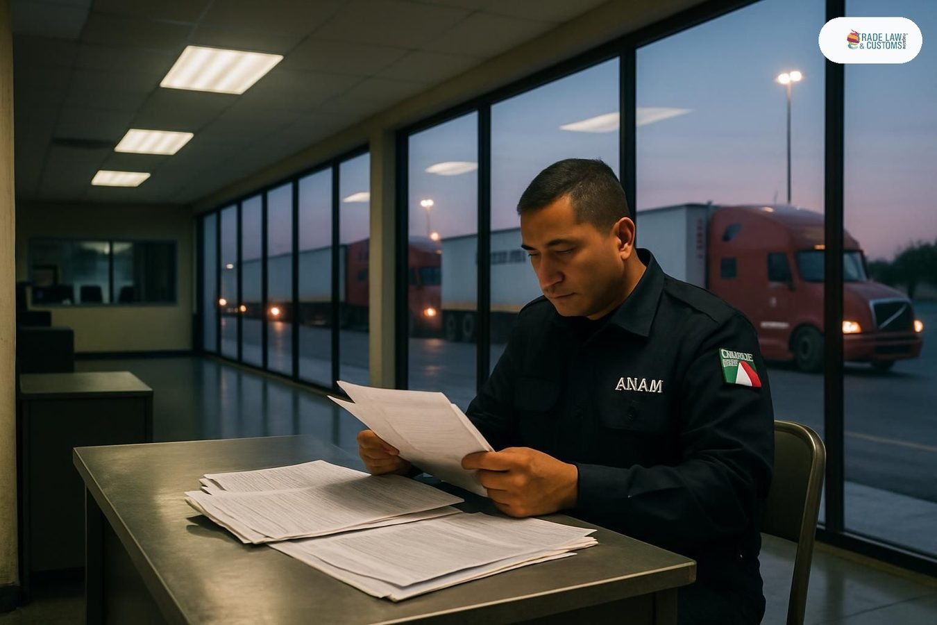Oficial de la ANAM revisa documentos aduanales al amanecer en Nuevo Laredo con fila de camiones al fondo.