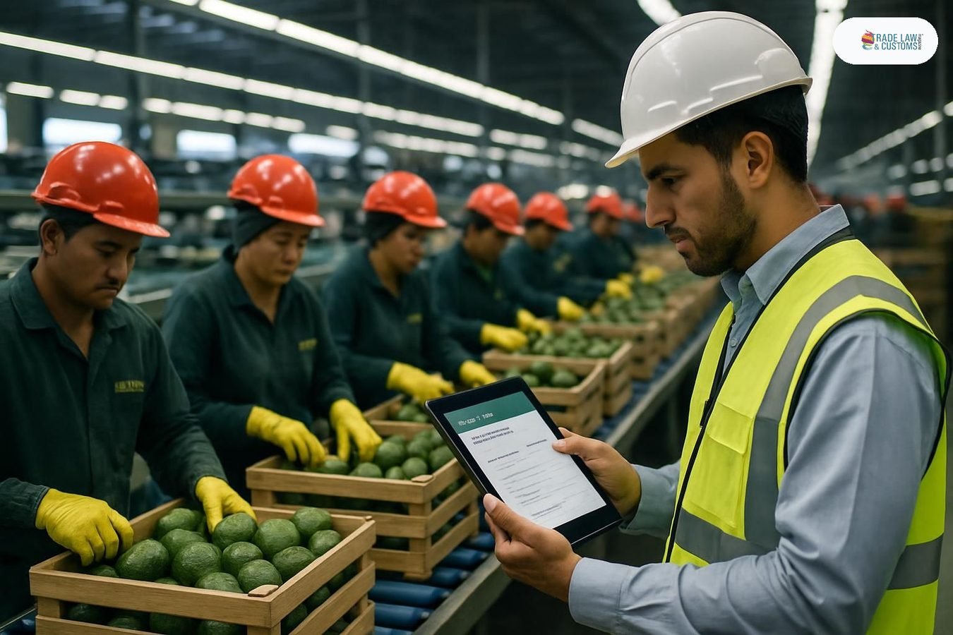 Trabajadores en empacadora de aguacate en Michoacán con supervisor revisando certificación digital VELAGRO.