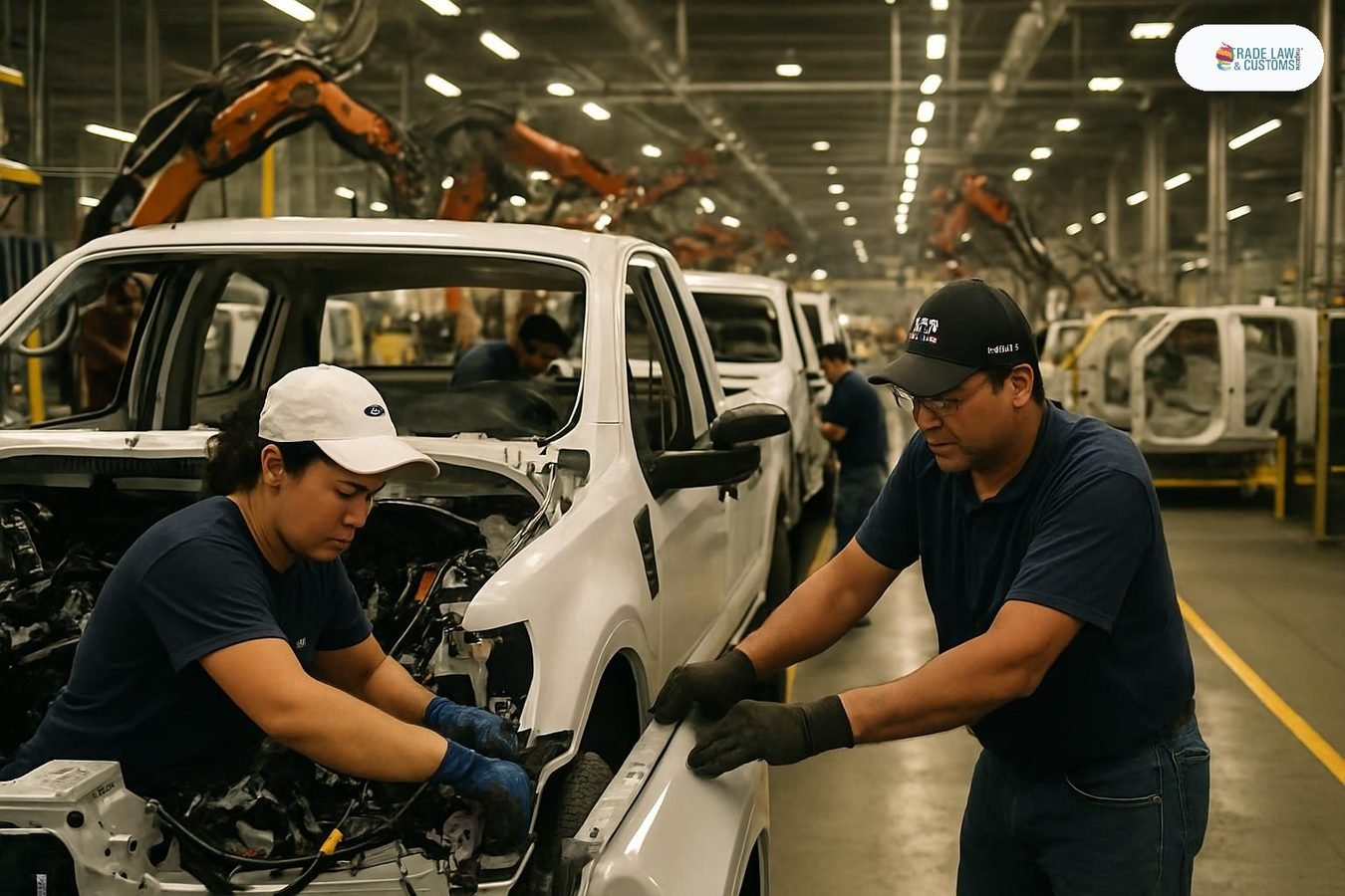 Línea de ensamble de camionetas en planta automotriz mexicana en Guanajuato con brazos robóticos de soldadura.