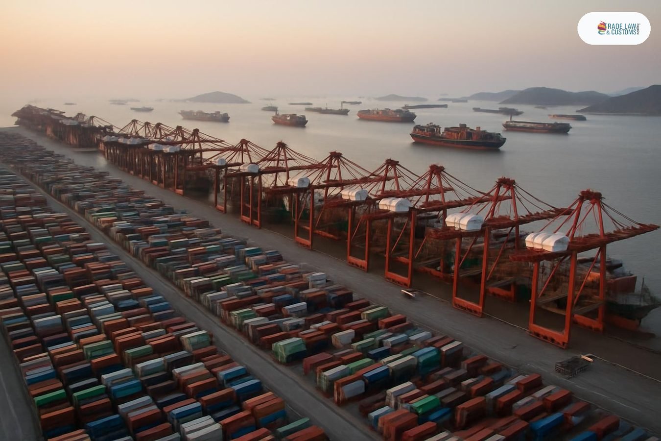 Un solo buque portacontenedores transitando el Canal de Suez con mínimo tráfico de convoy, orillas desérticas visibles.