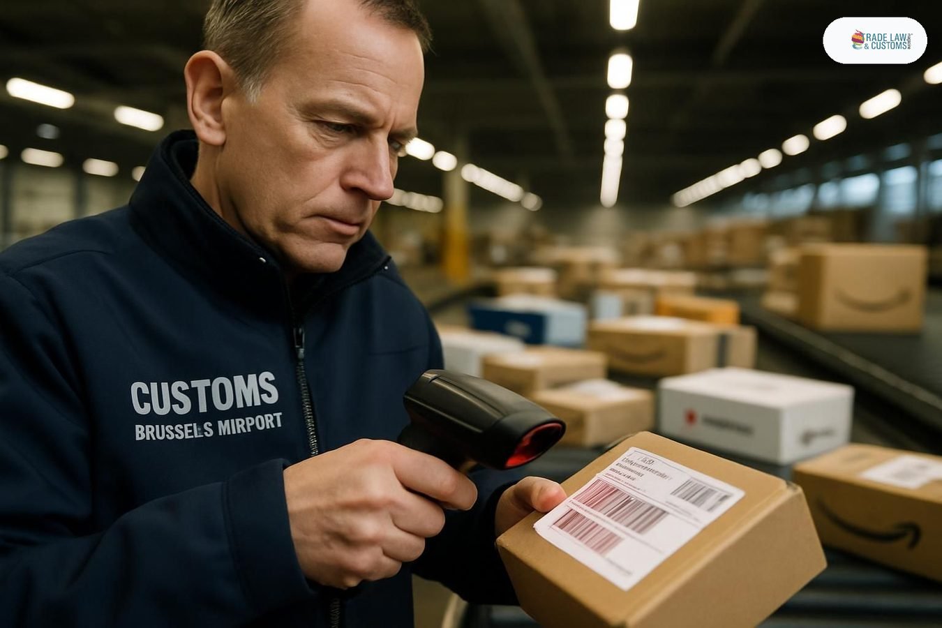 Inspector aduanal escanea paquete de e-commerce en aduana de la UE