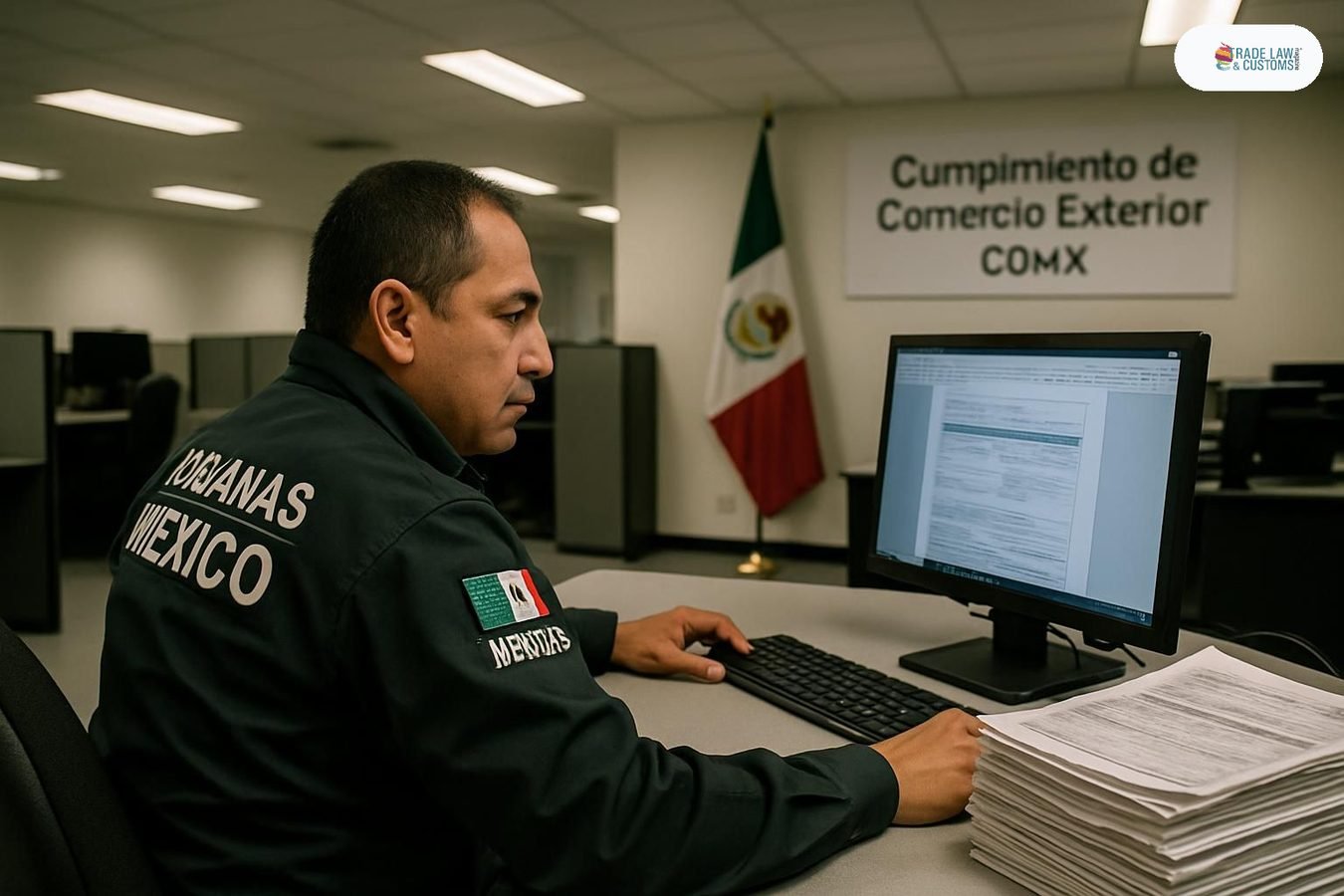 Agente aduanal revisa documentos de la Manifestación de Valor Electrónica en oficina de comercio exterior en México