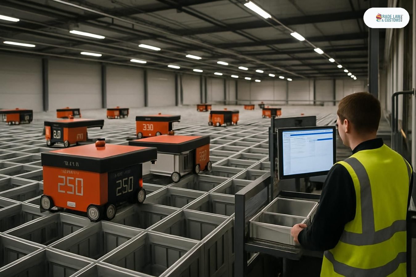 Robot de almacén recorre la cuadrícula de un centro de distribución automatizado mientras un operario supervisa desde una estación de trabajo
