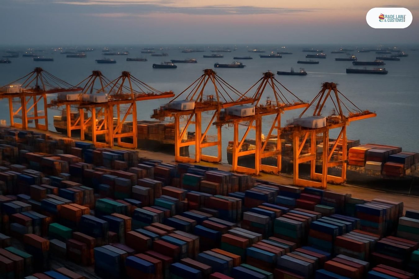 Terminal de carga aérea internacional iluminada de noche con aeronaves de carga y pallets de electrónica en movimiento, reflejo del dominio de la electrónica en el comercio mundial