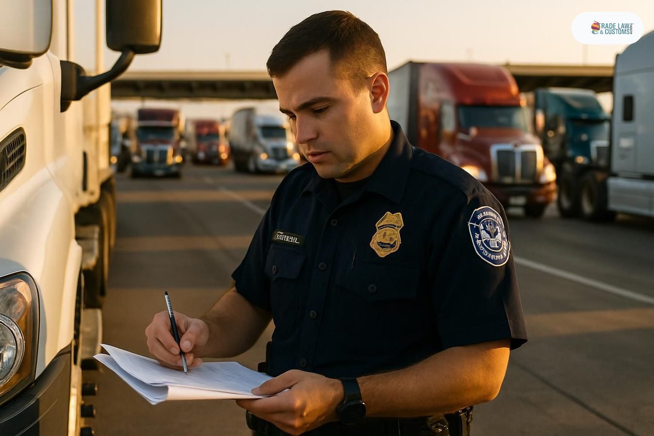 Agente de CBP revisa documentación de camión comercial en puerto fronterizo terrestre EE.UU.-México