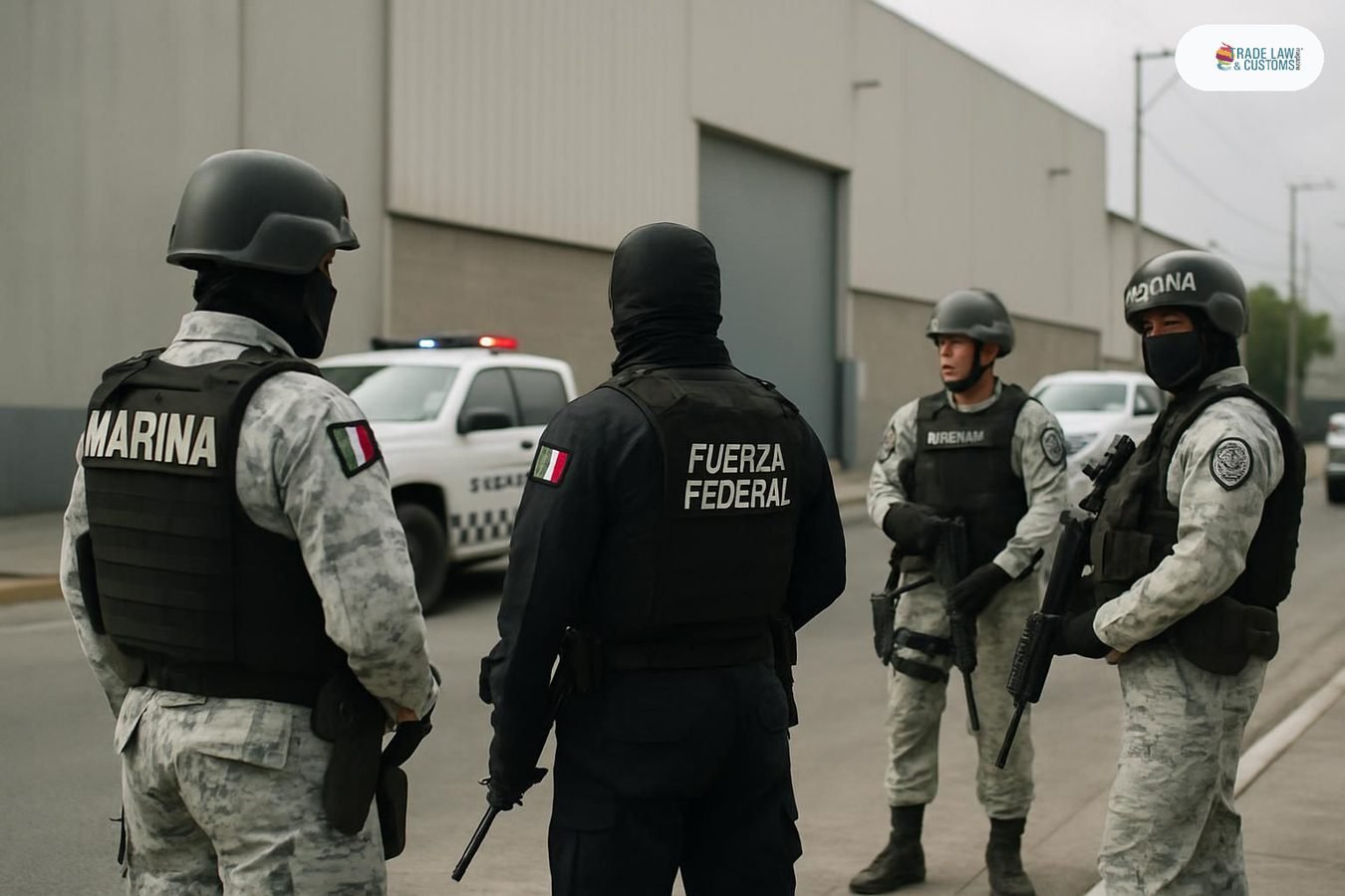 Elementos federales mexicanos en operativo frente a bodega clandestina en zona industrial del Estado de México