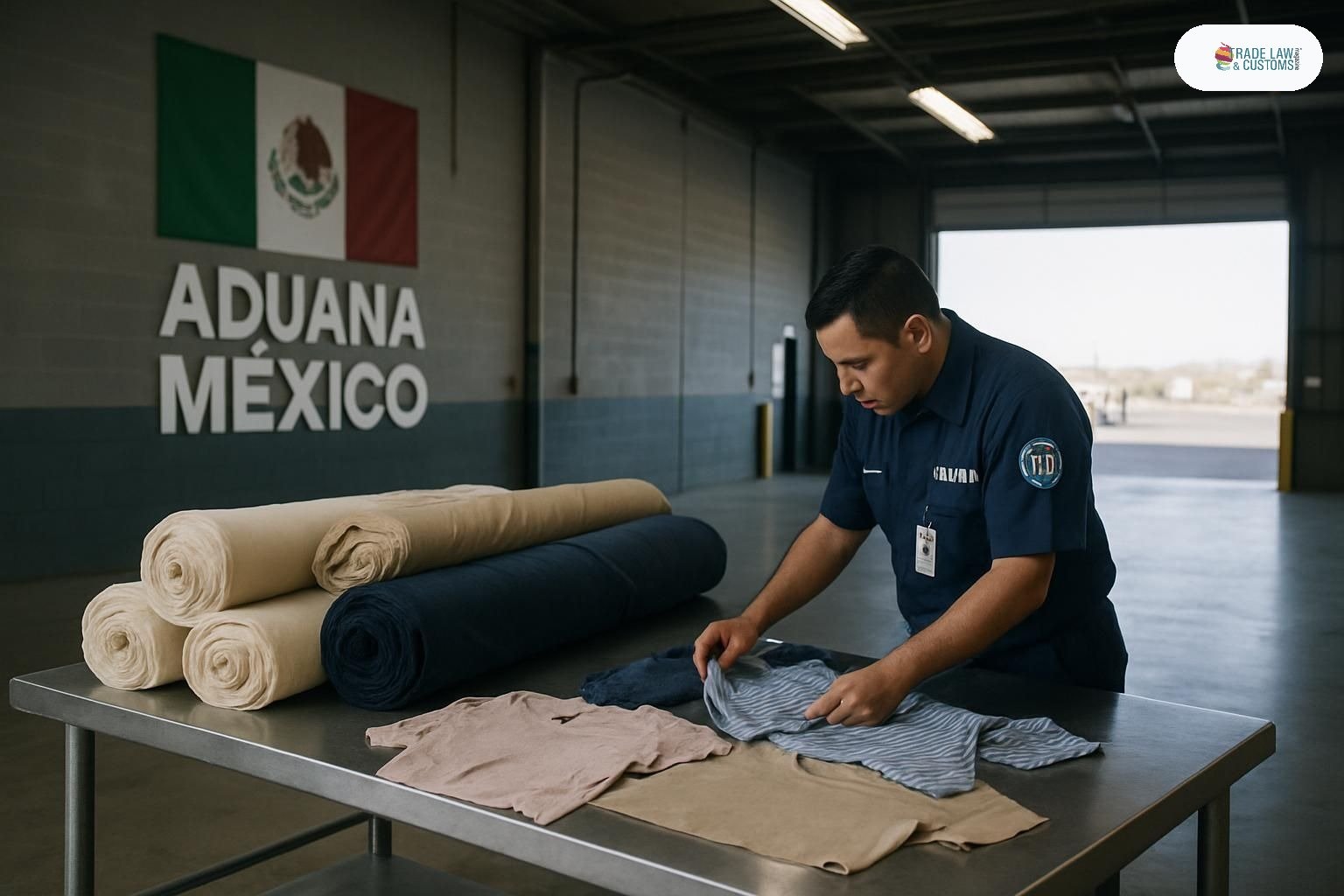 Agente aduanal mexicano revisa muestras textiles sobre mesa de inspección en aduana fronteriza.