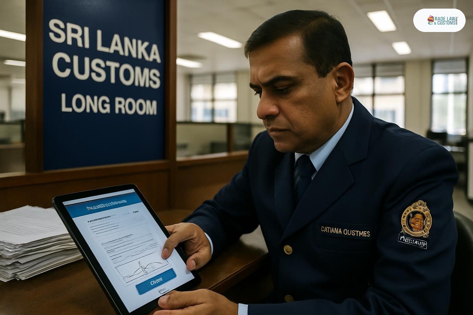 Funcionario aduanal revisa declaración electrónica con firma digital en el Long Room de la Aduana de Sri Lanka.