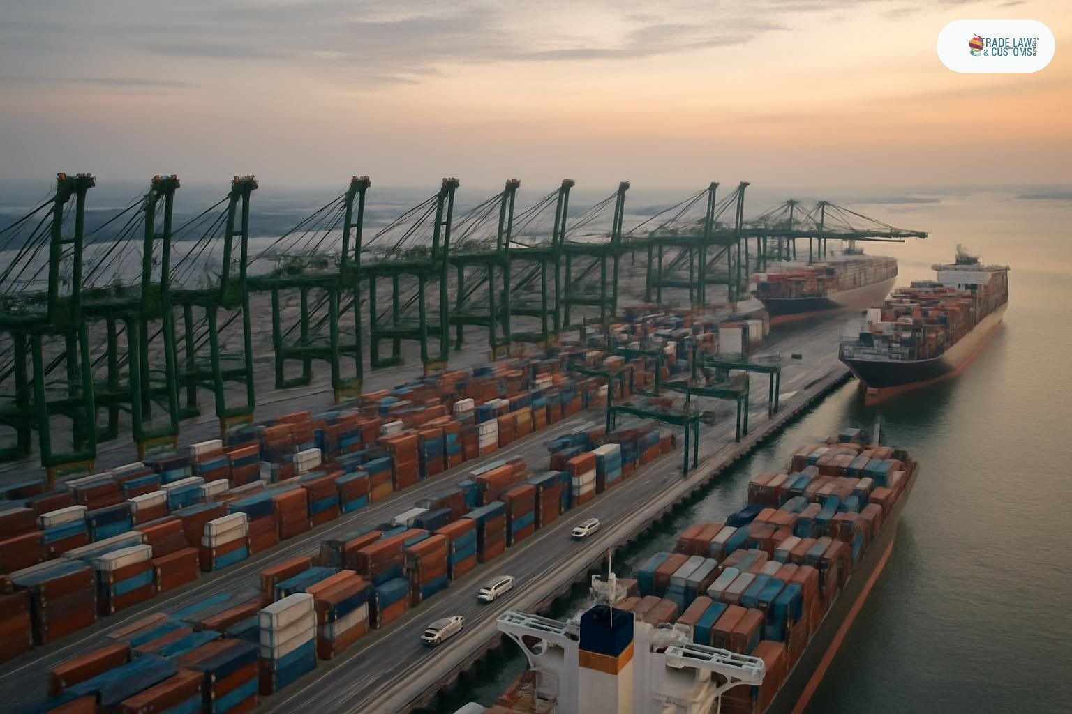 Vista aérea del Puerto de Tuas en Singapur al amanecer con grúas automatizadas y buques en muelle.