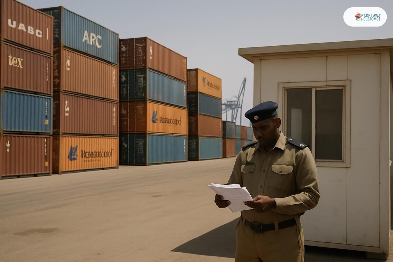 Contenedores apilados en el Puerto Sur de Port Sudan con agente aduanal revisando documentos