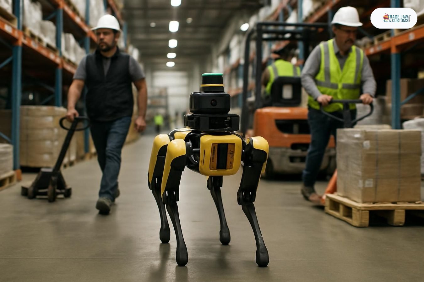 Robot cuadrúpedo de IA opera de forma autónoma en un almacén industrial junto a trabajadores humanos.