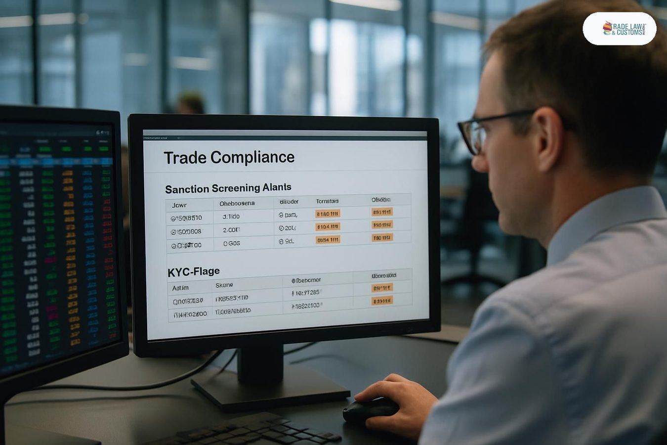 Analista de cumplimiento revisa alertas de sanciones y KYC en un panel de monitoreo de riesgo comercial.