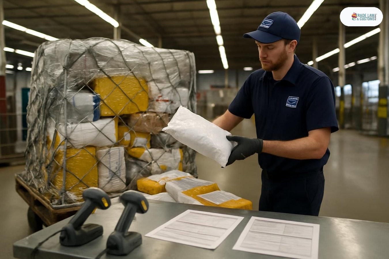 Trabajador postal descargando paquetes internacionales en área de inspección aduanera de terminal de carga aérea.