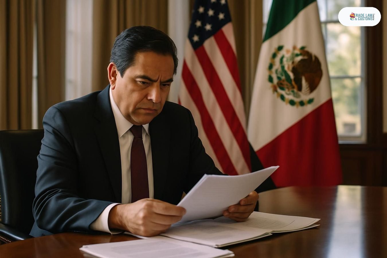 Negociador mexicano revisa documentos en sala de reuniones de Washington durante proceso de revisión del T-MEC.