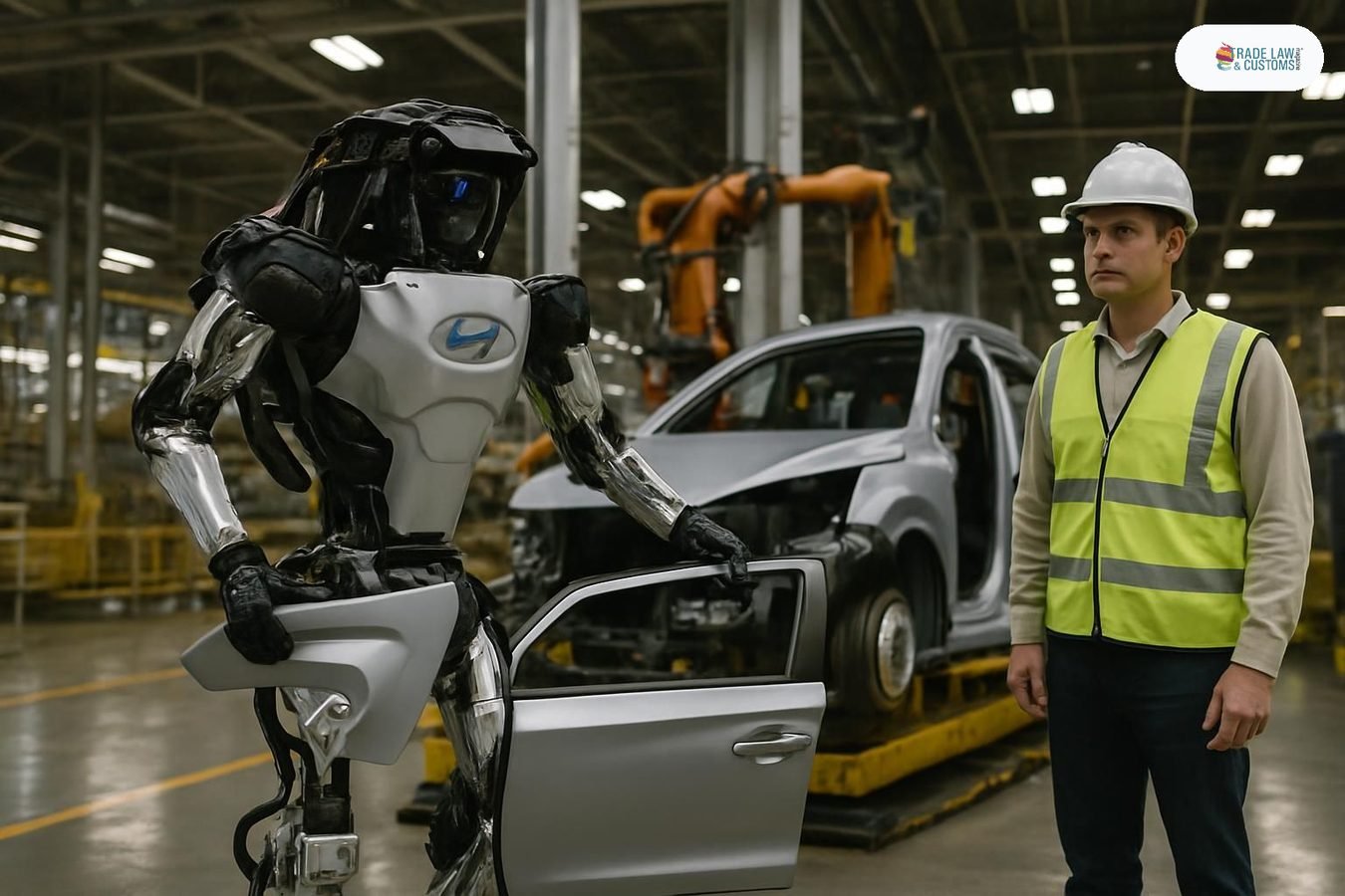 Robot humanoide Atlas de Boston Dynamics junto a línea de ensamble automotriz en planta Hyundai.