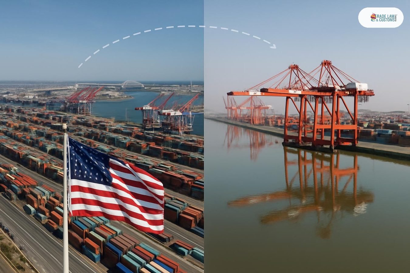 Vista aérea comparativa del Puerto de Long Beach y el Puerto de Shanghái ilustrando el comercio bilateral EE.UU.-China.