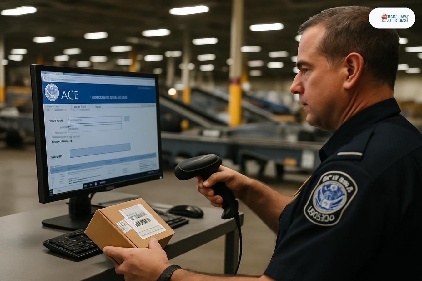 Oficial de CBP escanea paquete postal en una instalación de correo internacional con el sistema ACE en pantalla.
