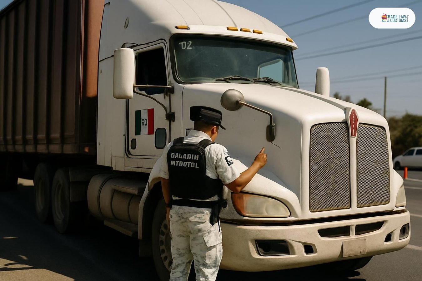 Camión de carga detenido en punto de control carretero en el Estado de México con revisión de Guardia Nacional.